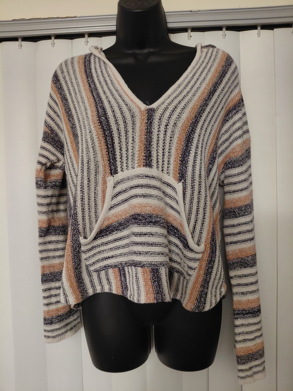 Billabong Striped V-Neck Sweater in Cream, Black & Tan